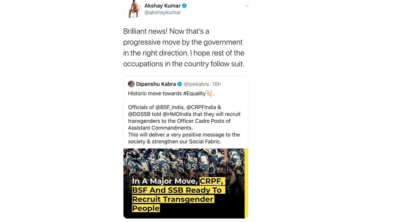 Akshay Kumar lauds the Indian Paramilitary to recruit transgender officers