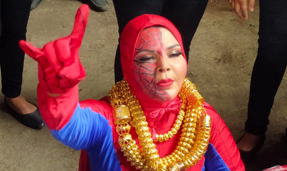 Rakhi Sawant protests outside the Bigg Boss house in a #Spiderman costume!