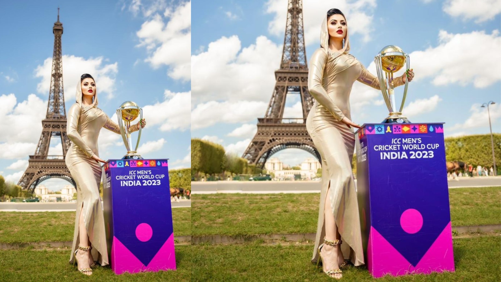 Urvashi Rautela becomes the first actor to unveil  Cricket World Cup 2023 Trophy in front of the Eiffel Tower!